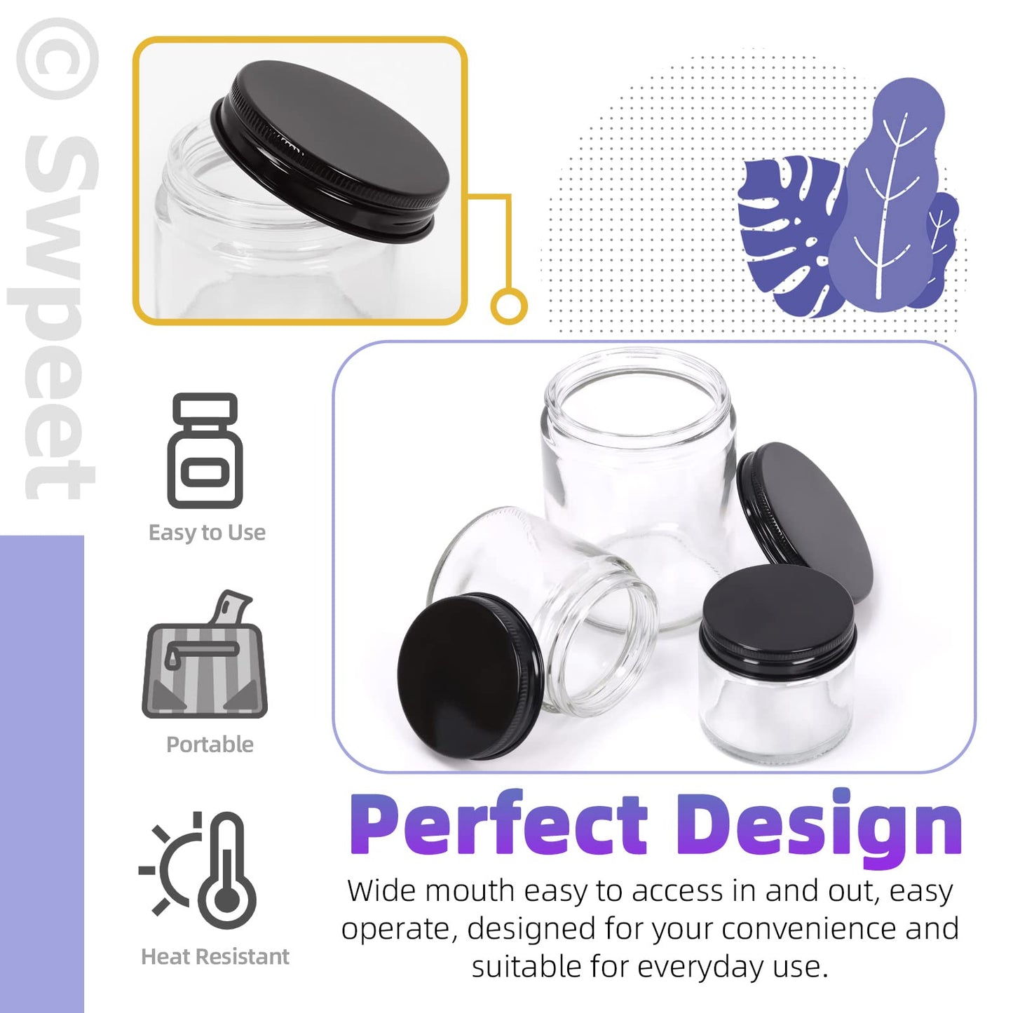 Swpeet 15 Packs 2 oz - 60ML Transparent Glass Jar with Black Lid Assortment Kit, Round Containers Cosmetic Glass Jars with Lids Travel Jars Cosmetic Containers for Cream, Lotion