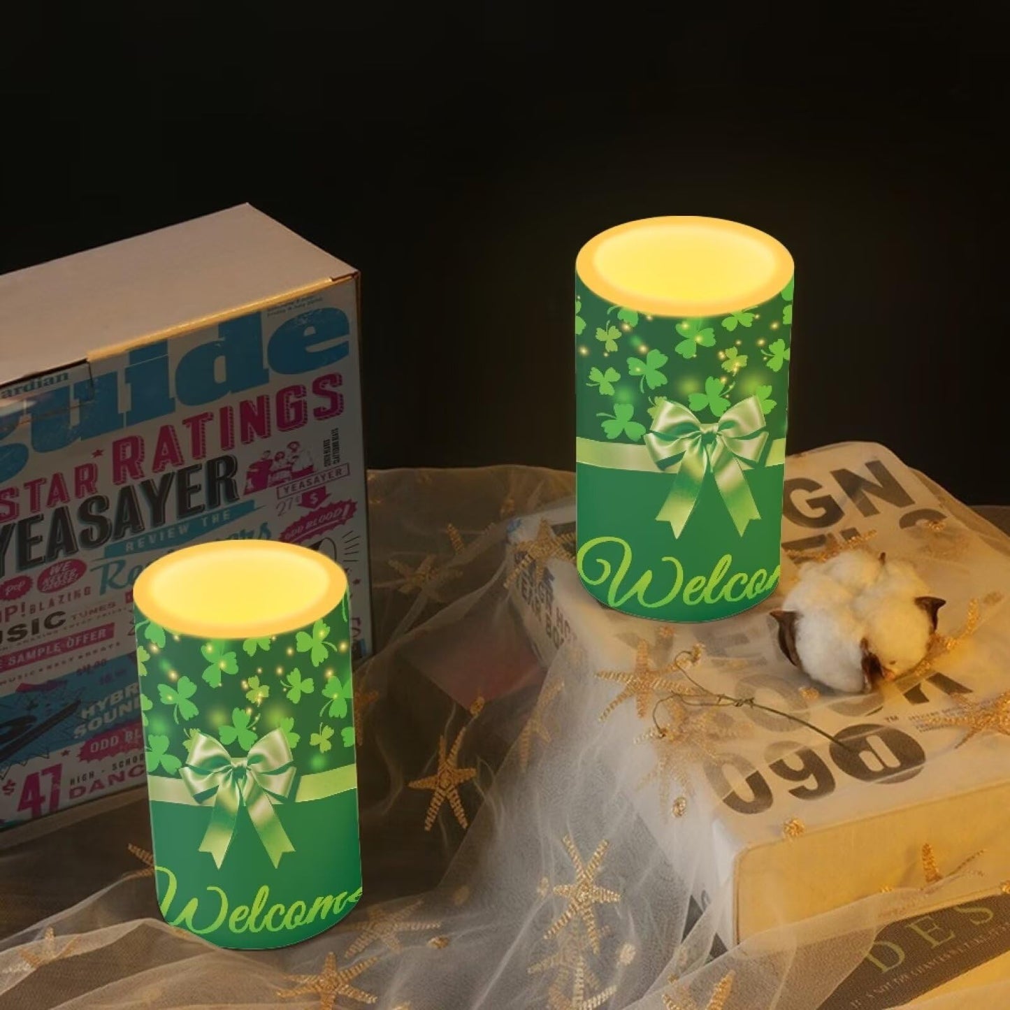 Luarisgur St Patricks Day Decor Flameless Candles Battery Candles with Remote Control Green Bow LED Pillar Candles Electric Fake Plastic Candles for Home Room Bedroom Holiday Decorations Set of 2