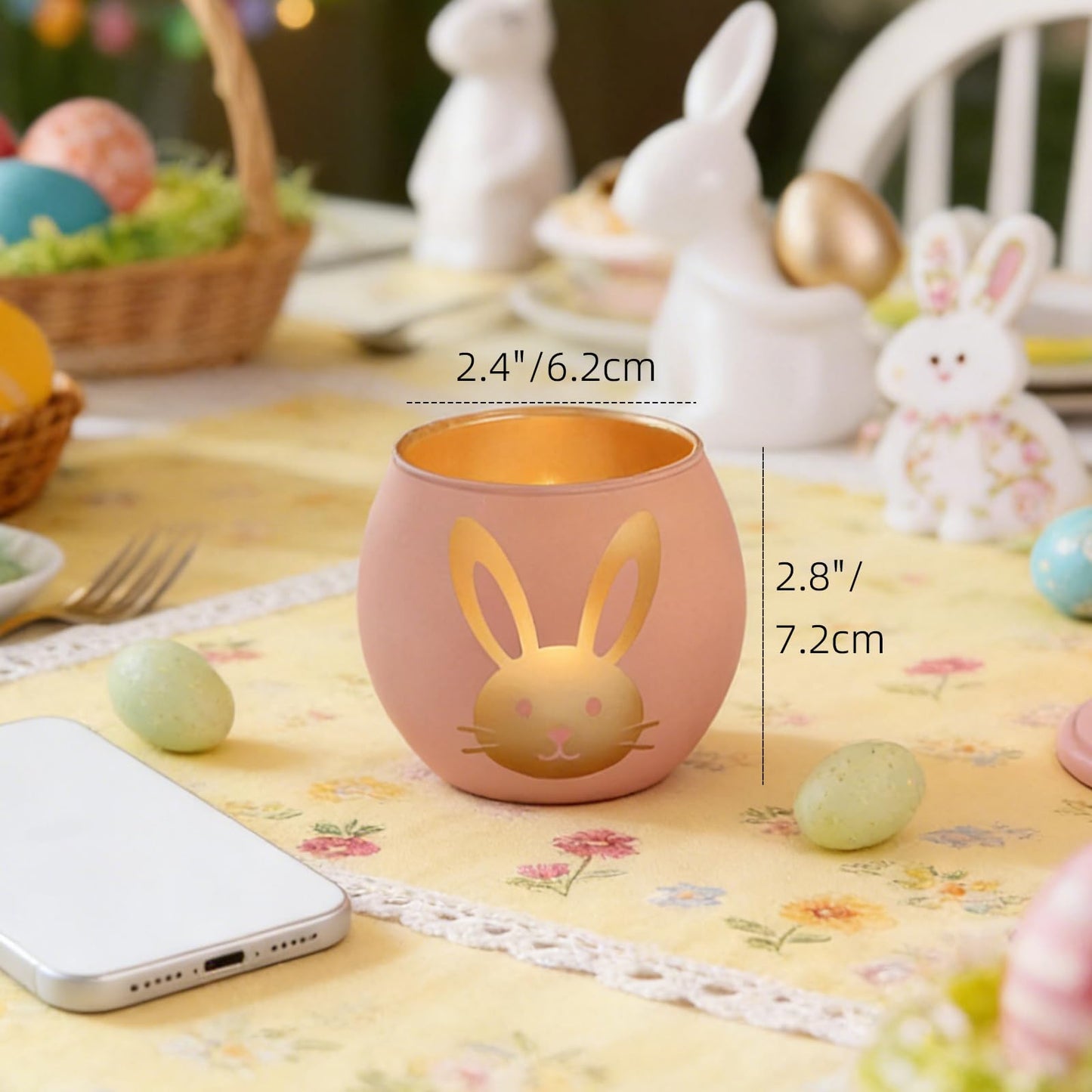 Easter Glass Candle Holders Set of 4, Pastel Tealight Holders with Gold Bunny, Chick & Egg Designs, Decorative Votive Candle Holders for Easter Table Centerpiece, Spring Home Decor & Gifts