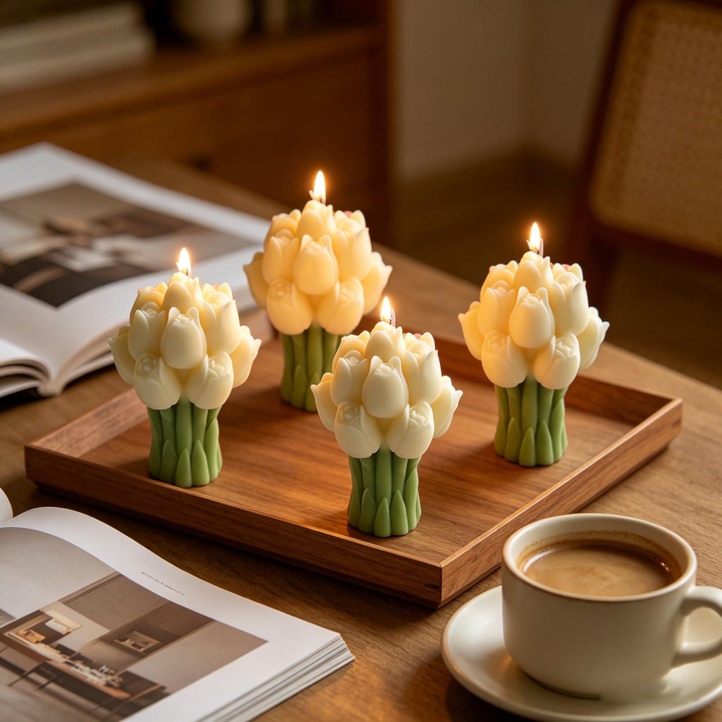 Scented Candles Set for Women Mom,4 Pack Aromatic Tulip Bouquet-Shaped Candle Ornament for Home, Soy Candles for Living Room and Bedroom, Birthday Bridesmaid Gift Valentines Day Candle -Vanilla Flavor