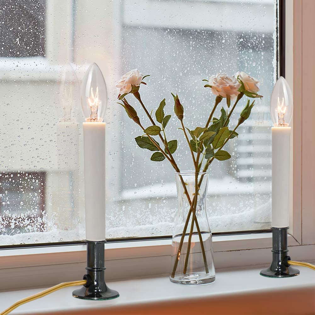 SUNSGNE Electric Christmas Window Candles with Nickel Plated Base, Electric Window Candle Lamp Lights Plug in Christmas Candle Lamp with 7 Watts C26 Light Bulbs, Turn On/Off Switch (Pack of 4)