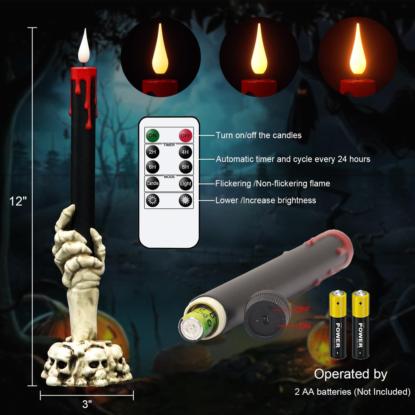 Wondise Halloween Flameless Taper Candles with Remote and Timer, Black Battery Operated Dripping Wax LED Flickering Candles with Skeleton Hand Holders for Halloween Decoration(2 Pack, 3” x 12”)