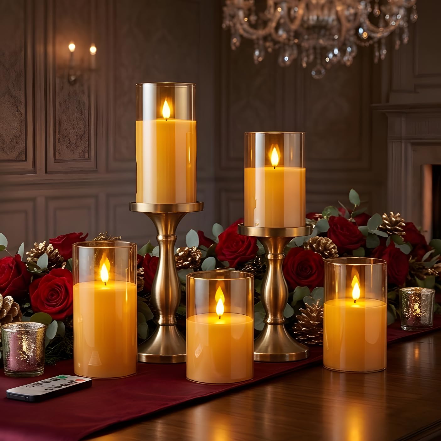 NICEME Amber Flickering Flameless Candles Battery Operated Acrylic LED Pillar Candles with Remote Control and Timer Flameless Halloween Candles for Thanksgiving Christmas New Year Home Decor, Set of 5