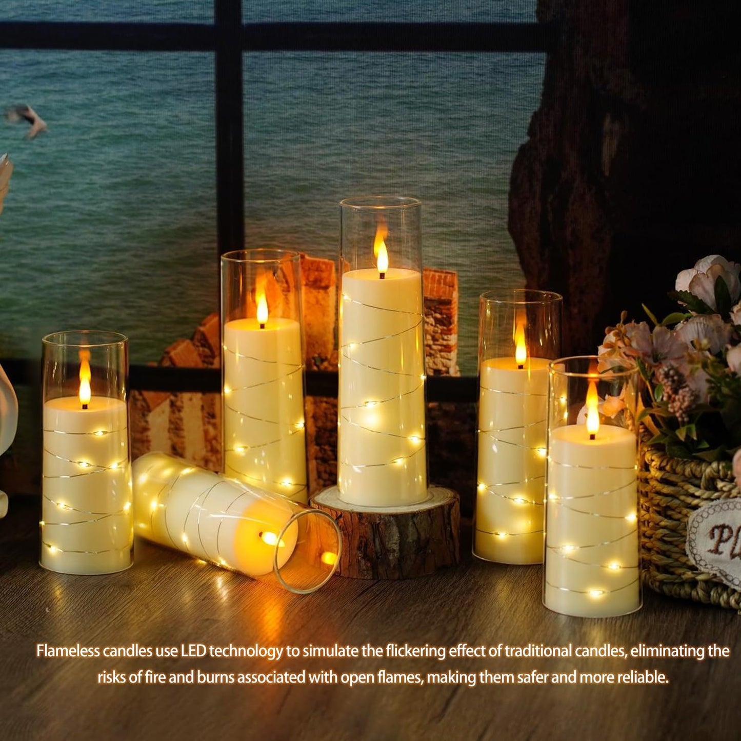 Nimiko Flickering Flameless LED Candles,Battery Operated Candles 9 Pcs with Embedded Star String,Acrylic LED Pillar Candles with Remote,Suitable for Home Decoration to Create an Atmosphere (Ivory)