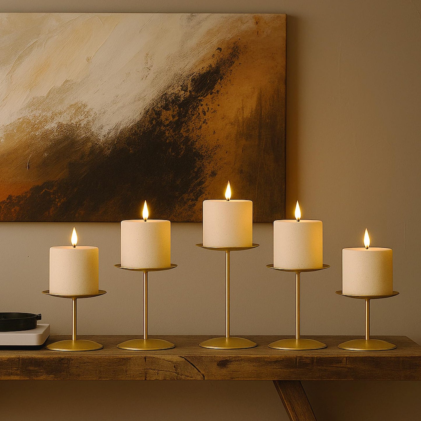 smtyle Gold Candle Holder for Pillar Candles Set of 5 Plate Centerpiece for Table or Floor with Iron