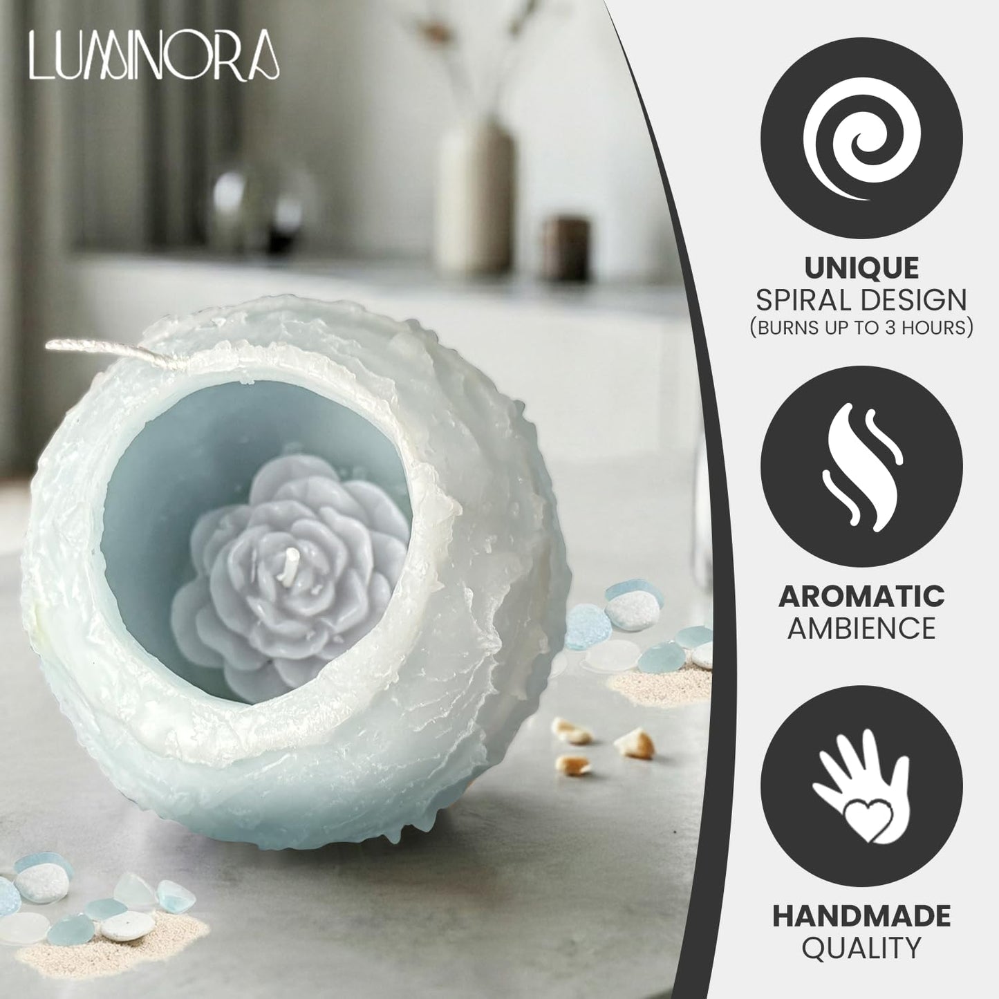 Luminora Spiral Candle with Hollow Round Design, Sculptural Wax Decor Gift, Unique Wick Flame Path, Modern Accent Piece for Shelf, Table, Mantel, and Entryway Display Set (Blue, Ocean Scented)