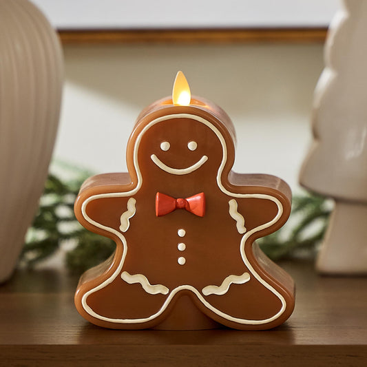 Luminara Flameless Candle Moving Flame LED with Timer, Real Unscented Wax Gingerbread Boy Figural 4.6"x5.5", Battery Operated Christmas Holiday Decor, Remote Compatible (Batteries Not Included)