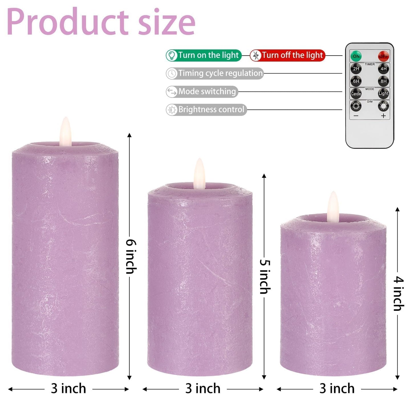 ANGELLOONG Purple LED Candle with Timer, Real Wax Flameless Pillar Candles with Remote, Set of 3 Flickering Electric Battery Operated Candles for Home Decor Halloween Christmas Decoration