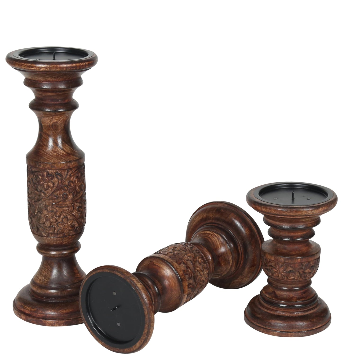 Hand Carved Wooden Pillar Candle Holders - Set of 3 |Carving Decorative Style | Crafted from Mango Wood | Rustic Table Centerpiece Decor | Sized 6", 9" and 12" - Dark Burnt