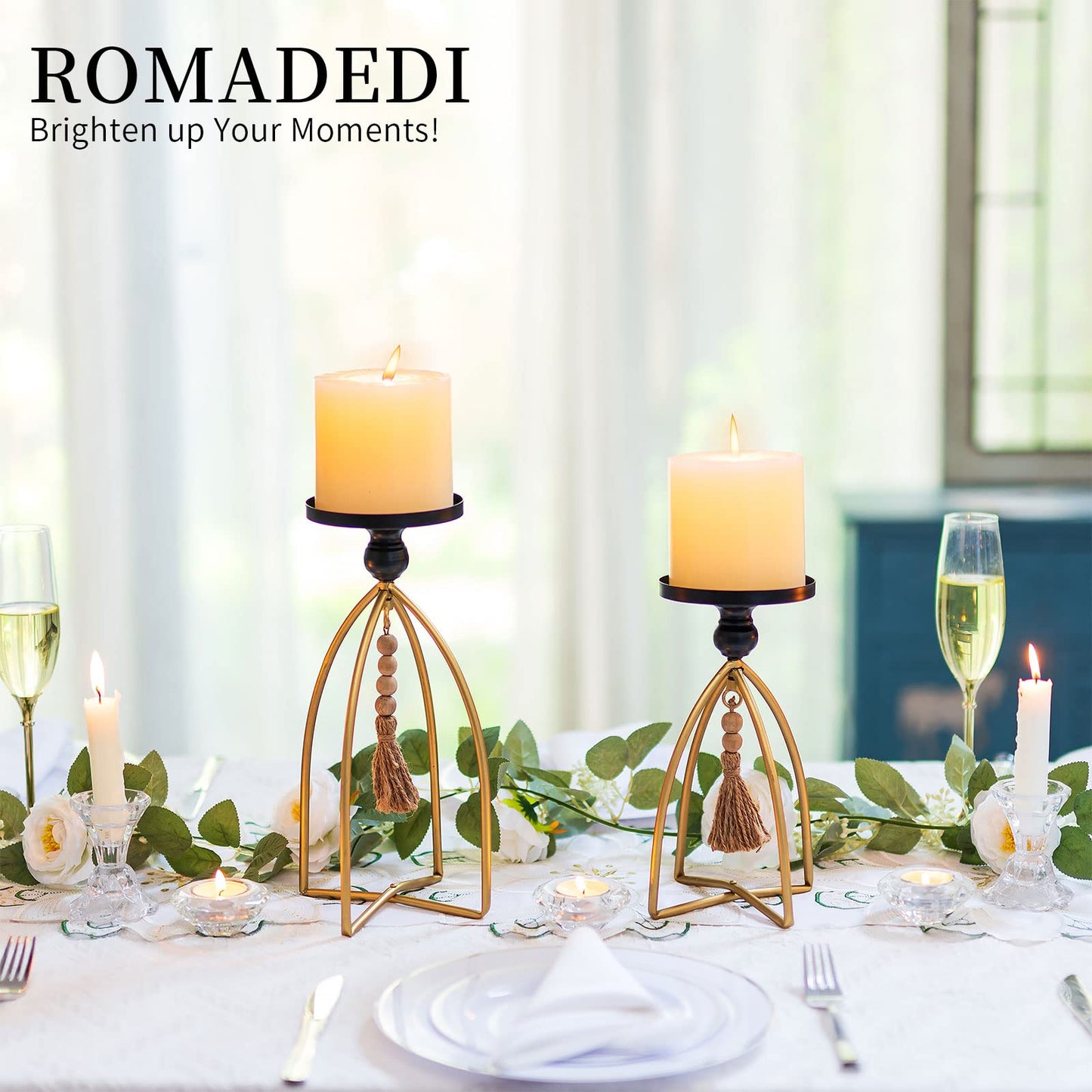 Romadedi Candle Holder Boho Decor - Set of 2 Metal Pillar Candle Stand with Beads for Living Room Mantle Shelf Farmhouse Table Centerpiece for Rustic Chic Home Decoration