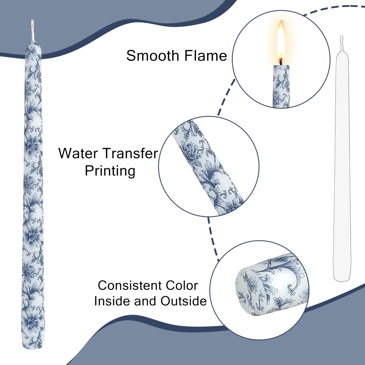Handmade Printed Candles 10 in Long Candle Sticks Unscented Candle Blue and White Porcelain Pattern Candles for Home Wedding Dinner Holiday Party