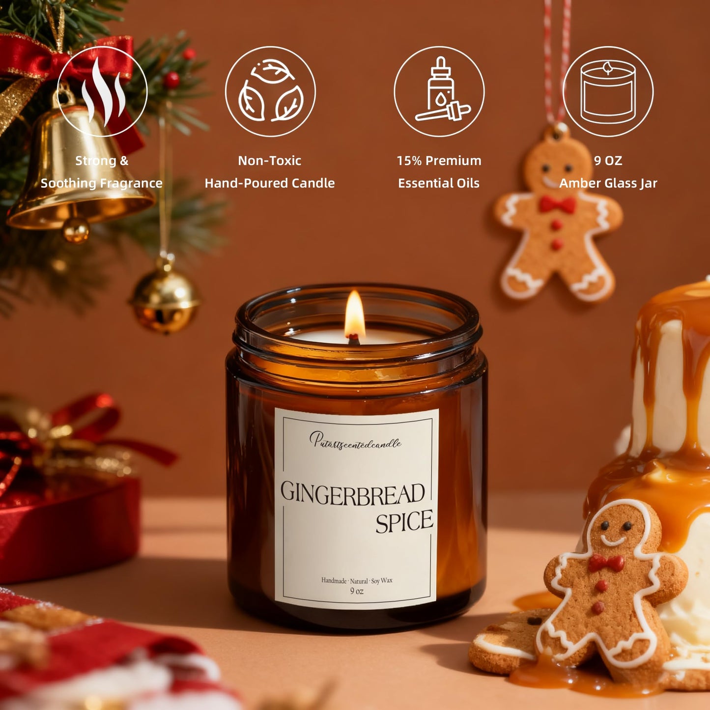 Putart Gingerbread Spice Candles for Home Scented, Natural Soy Wax Aromatherapy Non Toxic Christmas Candle with Long Lasting Burn, Xmas Jar Candle Gifts for House Fragrance Decoration (9oz)