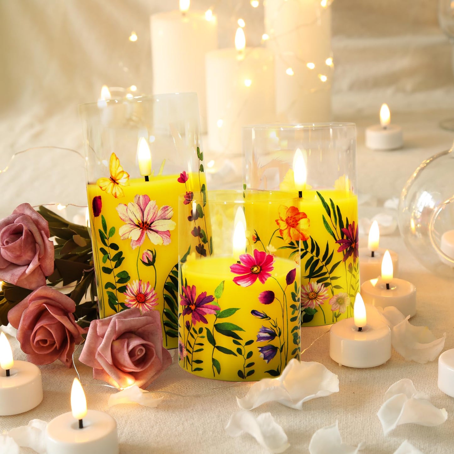 Eywamage Yellow Floral Glass Flameless Candles with Remote, Flickering Spring LED Pillar Candles Battery Operated Home Decor Set of 3