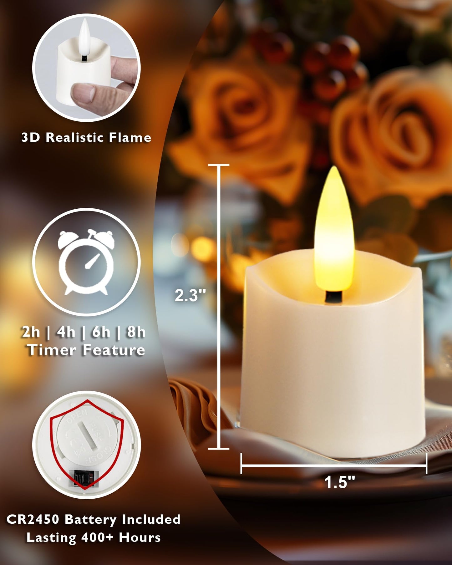 Homemory 12Pack 400+ Hour Remote Control Candles, 2/4/6/8H Timer LED Votive Candles, Battery Operated Tea Lights in Warm White for Outdoor, Table, Wedding, Christmas (White, Batteries Included)