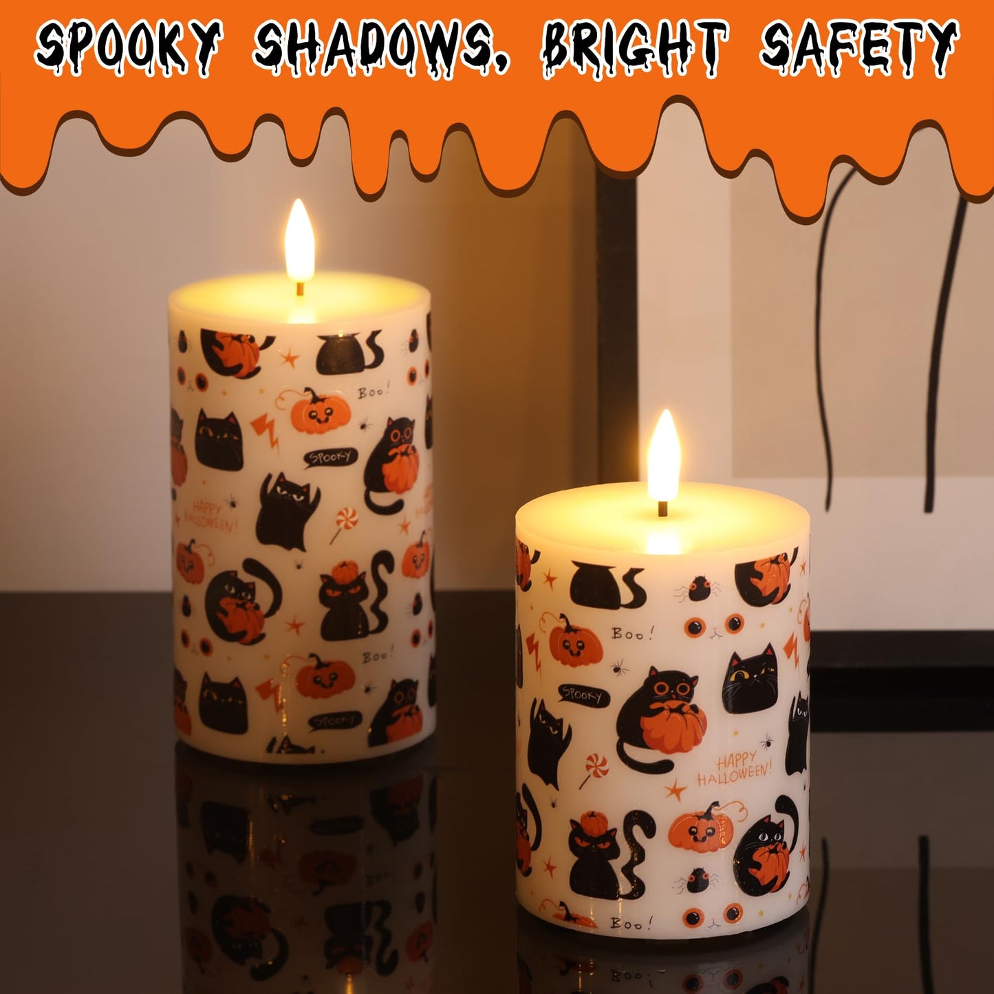 Girimax Halloween Flameless Pillar Candles with Remote, Black Cat Pumpkin LED Wax Candles Battery Operated Set of 3