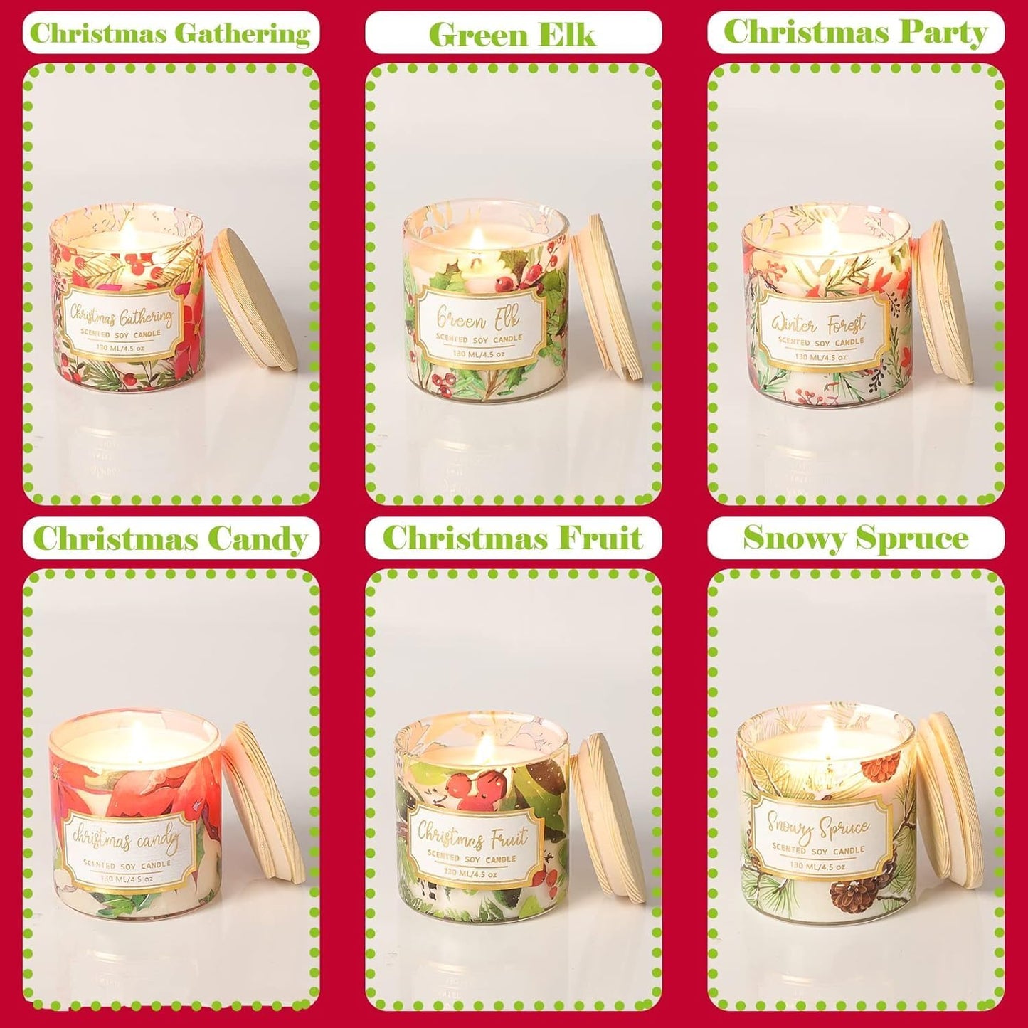 FLAVCHARM 6 Pack Christmas Scented Candles with Lid Soy Wax Strong Fragrance Different Scent Clean Burn Long Time Aromatherapy Glass Jar Candles for Home Scented Xmas Theme Decorations Gift Set