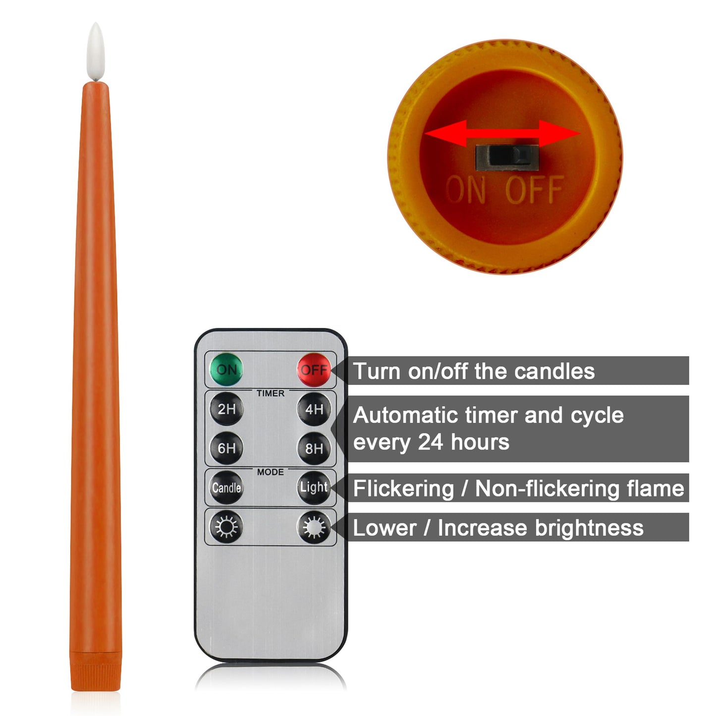 CVHOMEDECO. Flameless Taper Candles with 10-Key Remote, Battery Operated Led Flickering 3D Wick Window Candles Real Wax Finished Home Christmas Party Decor 0.78 x 11 Inch, Pack of 2 (Orange)
