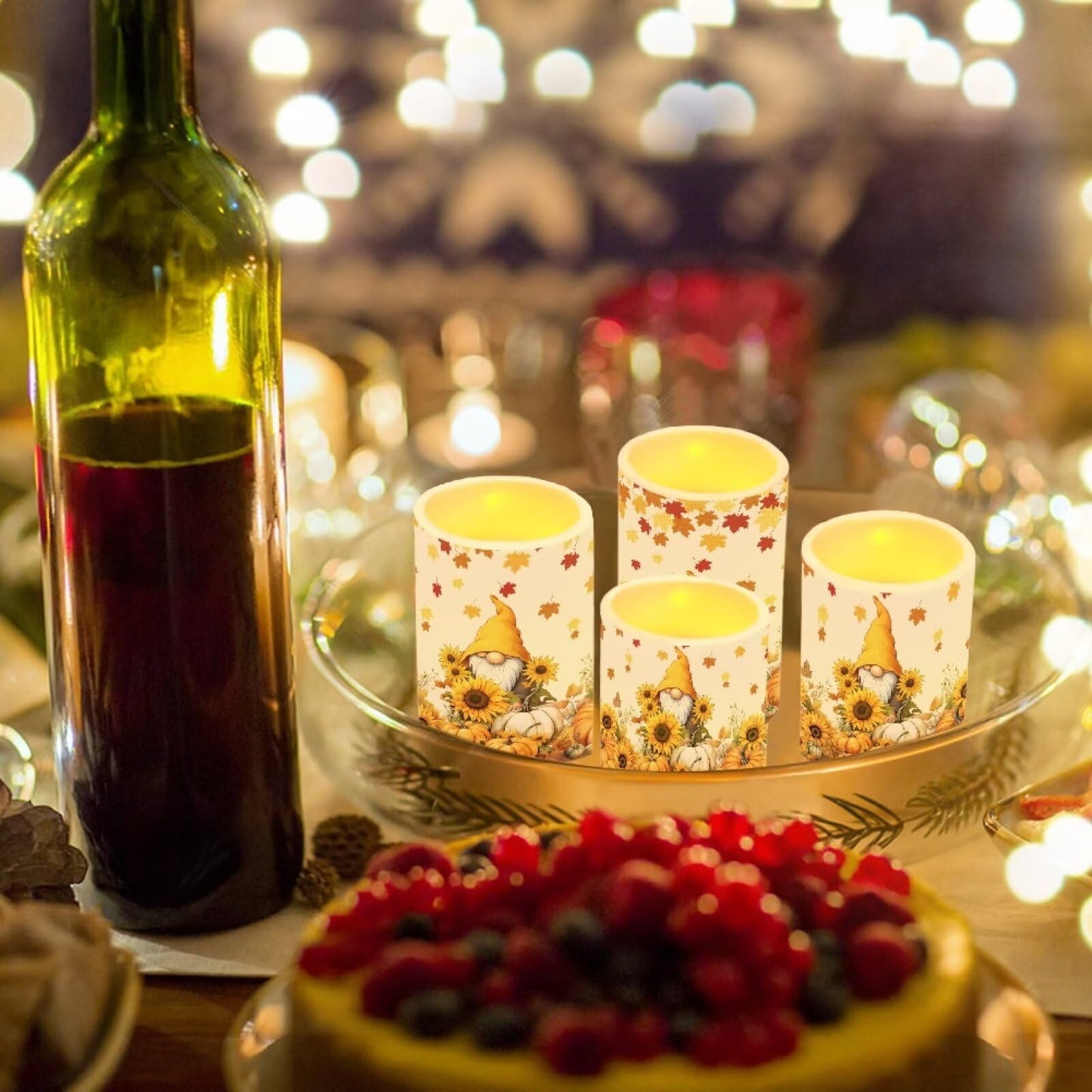 NETILGEN Thanksgiving Day Decor Flameless LED Candles with Remote Timer Control Long Lasting Pillar Candles Set of 4 Fall Maple Leaf Gnome Print