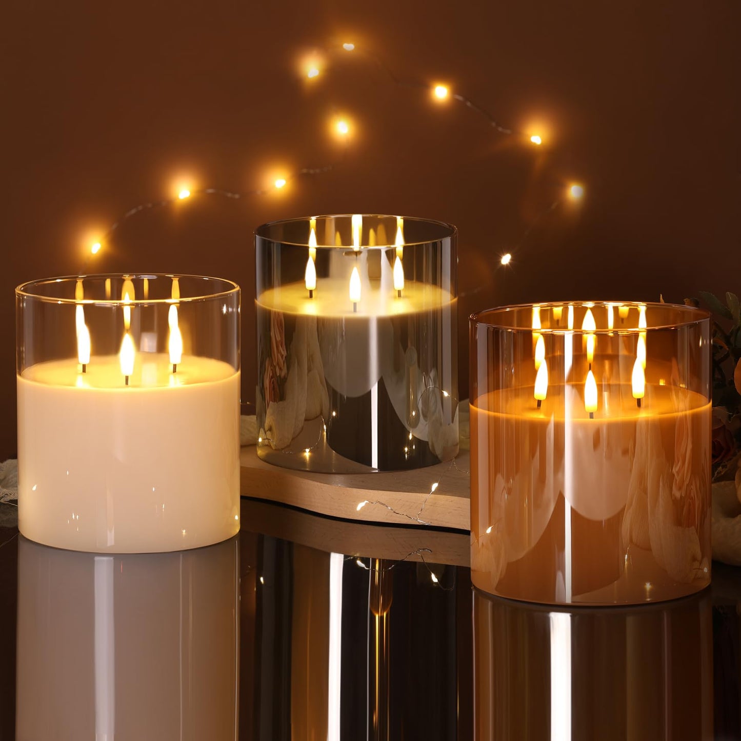 Eywamage 3 Wick Clear Glass Flameless Candle with Remote, Large Flickering LED Battery Pillar Candle Φ 6" H 6"