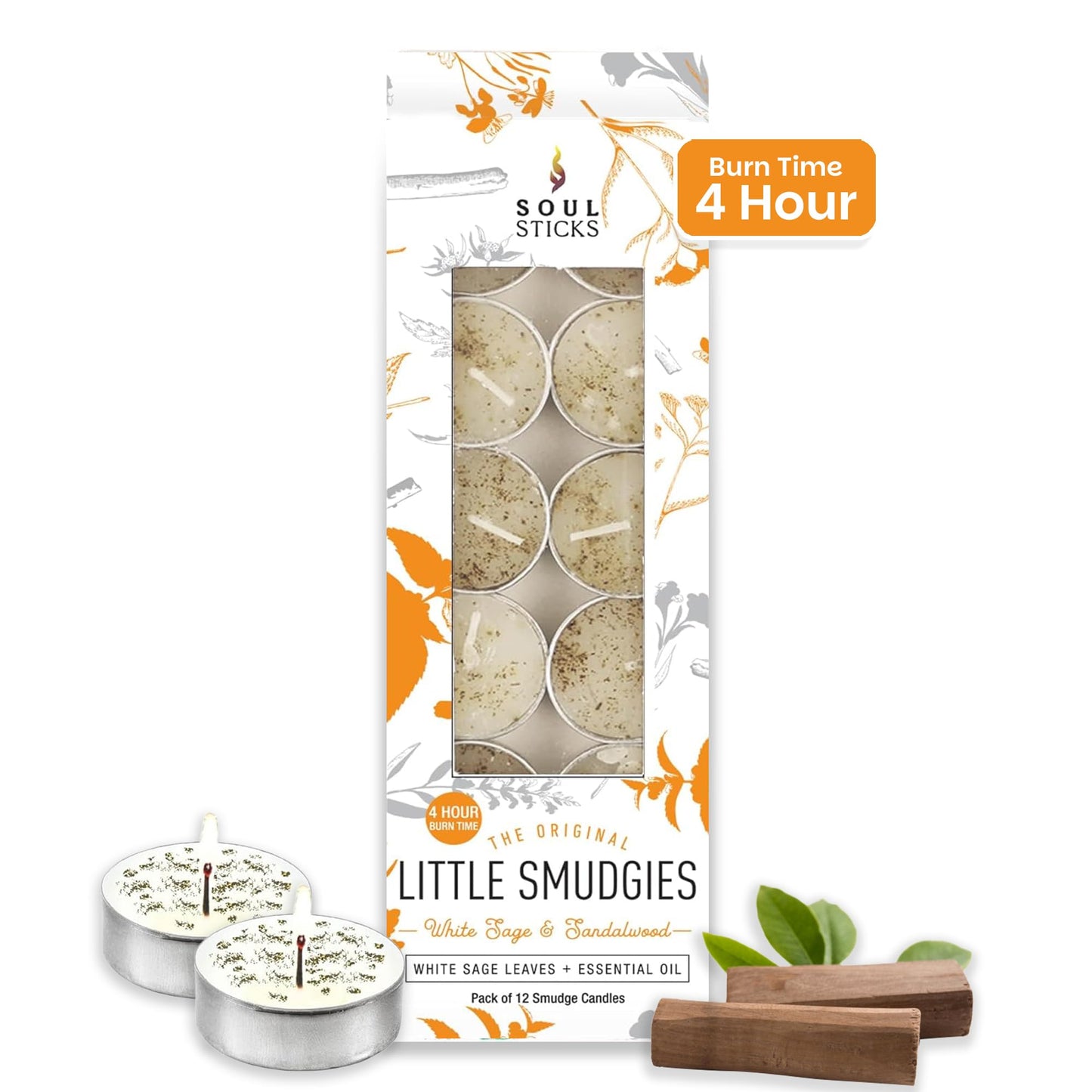 SOUL STICKS 12 Pack Little Smudgies Tealight Candles Smudge Candle for Cleansing House, Meditation, Chakra Healing | Made with Crystals and Herbs (White Sage & Sandalwood)