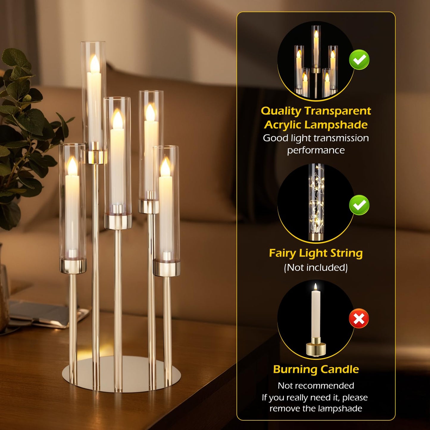 Dyna-Living Gold Candelabra Centerpiece 4 Set 26.8'' Tall Candle Holder Centerpiece for Tables, 5 Arms Candlestick Holders with Acrylic Lampshade, Gold Candelabra Floor Stands for Wedding Party Home