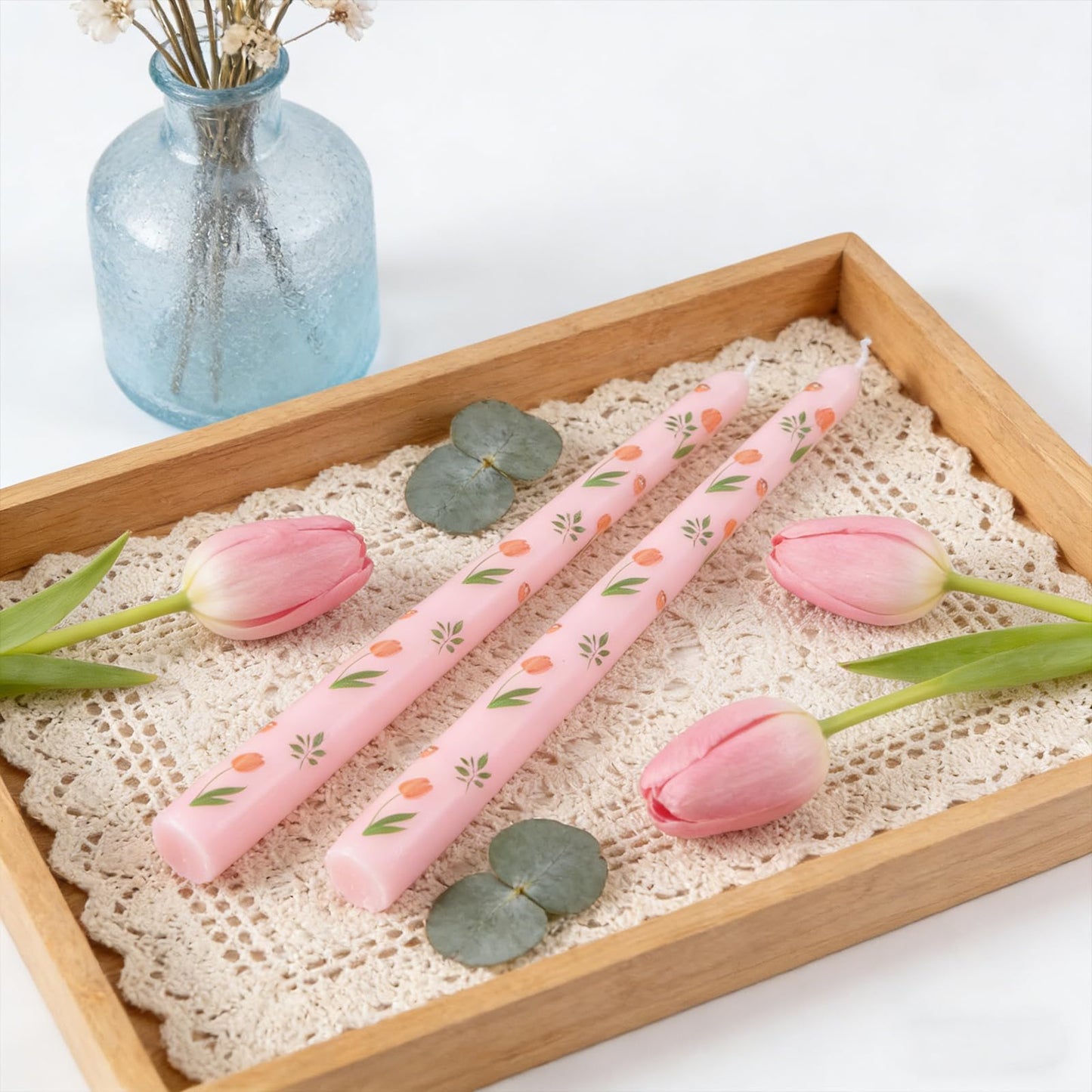 Taper Candles,10 inch 2pc Pink Tapered Candles with Tulip Printed, Unscented and Smokeless Long Burning Candles,Tall Candlesticks with Cotton Wicks,Ideal for Weddings, Home Décor
