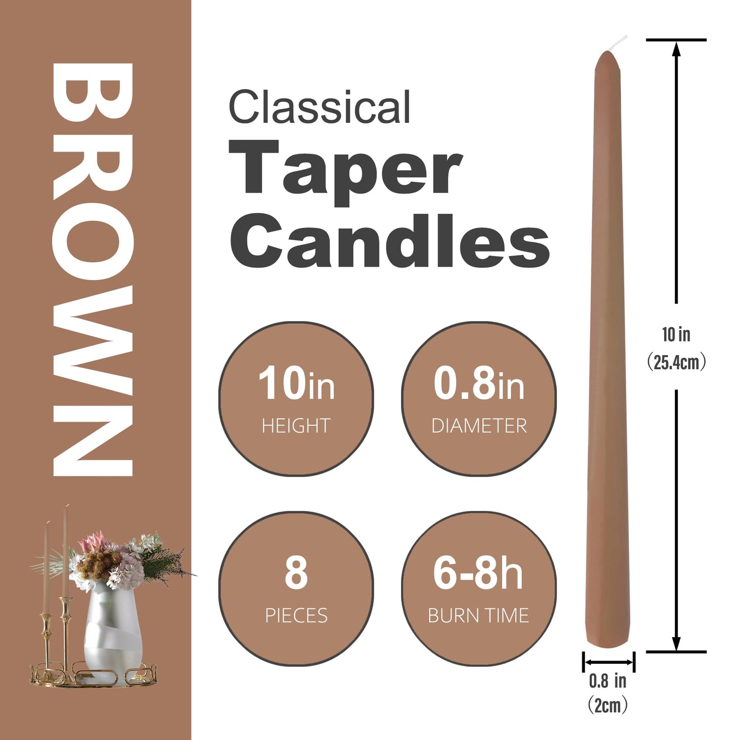 8 Pack 10 Inch Brown Taper Candles for Dinner Home Decor Wedding Shower