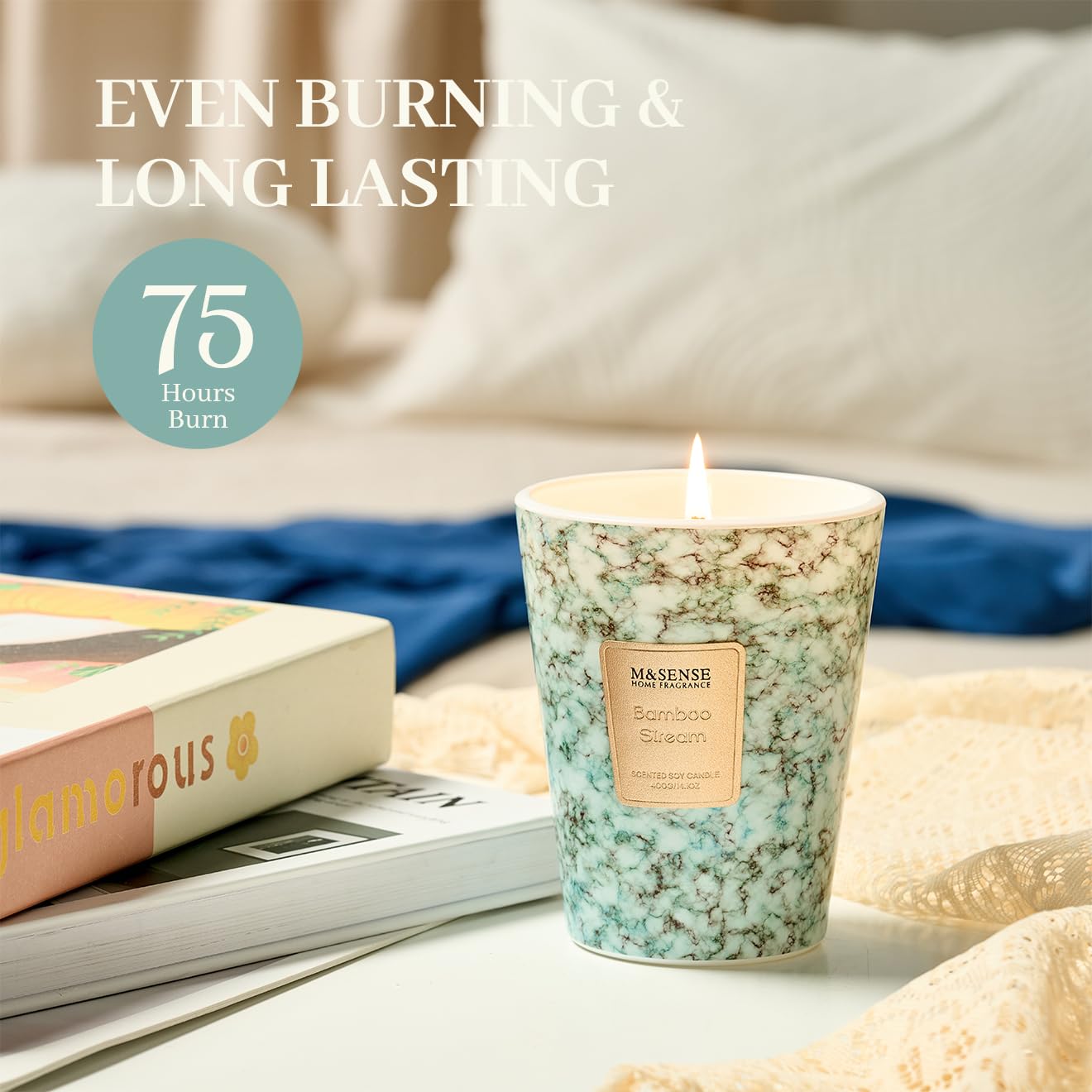 M&SENSE Bamboo StreamScented Soy Candle, 3 Wick Highly Scented 14.1 Oz 75H, Aromatherapy Christmas Gift for Women and Men