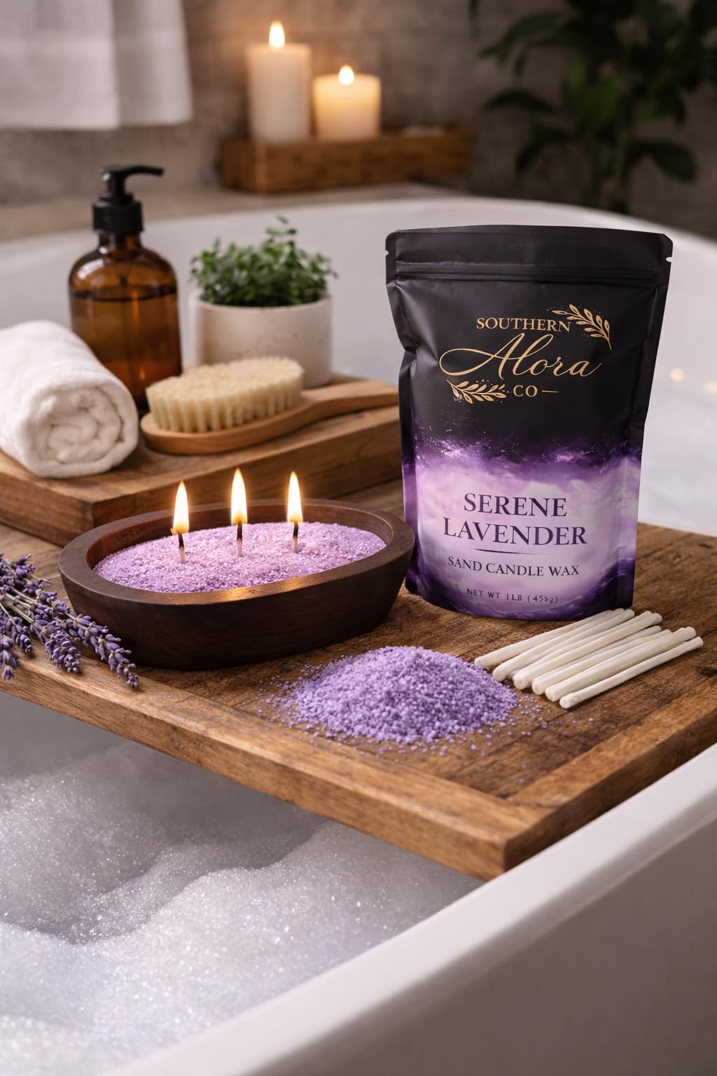 Candle Sand with 10 Wicks – 1 LB Refillable Candle Wax for DIY Candles, Wedding Centerpieces, Home Decor, Candle Making Kit, Candle Sand with Wicks – Lavender Serenity