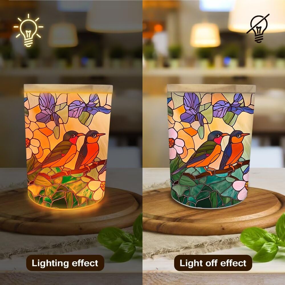 Stained Glass Birds Tea Light Candle Holders, Spring Blossoms Tealight Candle Holder Jar with Wooden Lid, Votive Candlesticks for Table Centerpieces, Christmas,Birthday Party,Home Decor