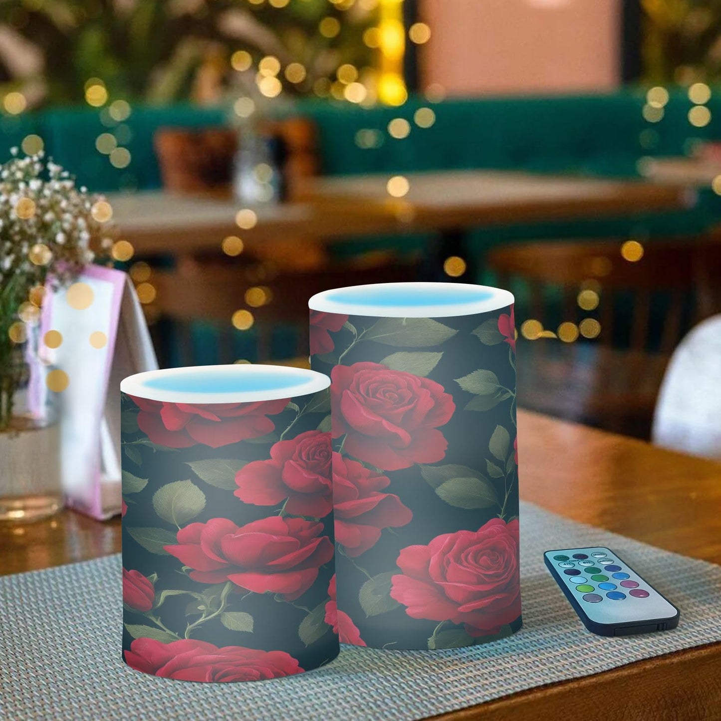 panksolu Flickering Flameless Candles, Beautiful Red Rose LED Candles with Remote Timer, Battery Operated Candle for Valentine Wedding Halloween Christmas Decor - Set of 2