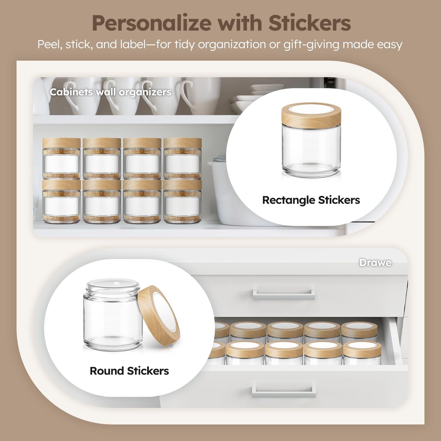 4 oz Glass Jar with Lids, 48 Pack Small Glass Candle Jars with Lids & Sticker, Empty Cosmetic Containers for Sample, Cream, Spice, Lotion, Ointments（Plastic Woodgrain）