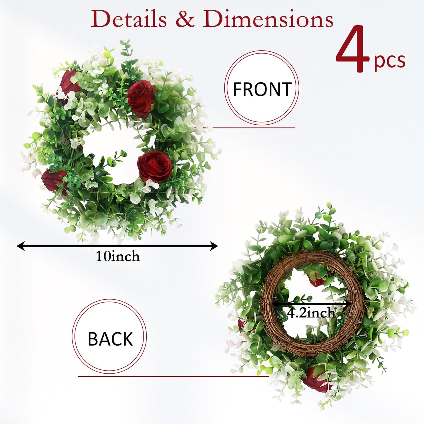 Acmee 4 Pcs Rose Floral Candle Rings Artificial Burgundy Flowers Wreaths with Green Eucalyptus Leaves Rose Candle Rings for Pillar Wedding Farmhouse Centerpiece Home Decor