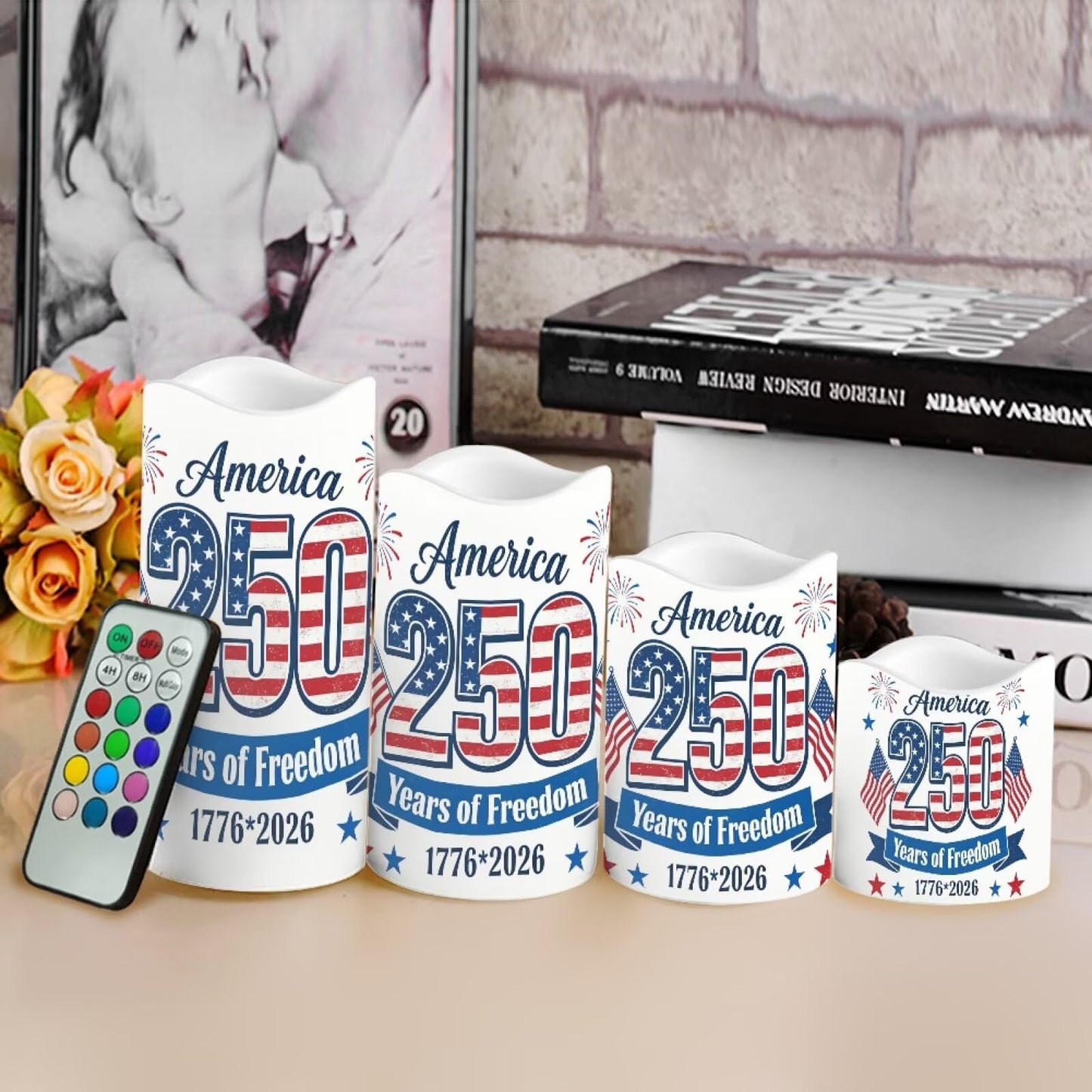 Uorisanigo 250 Years of Freedom Patriotic Flameless Candles Set of 4 American Flag Blad Eagle LED Battery Operated Candles Red White Blue Fake Electric Candles Holiday Party Patio Celebration Accents