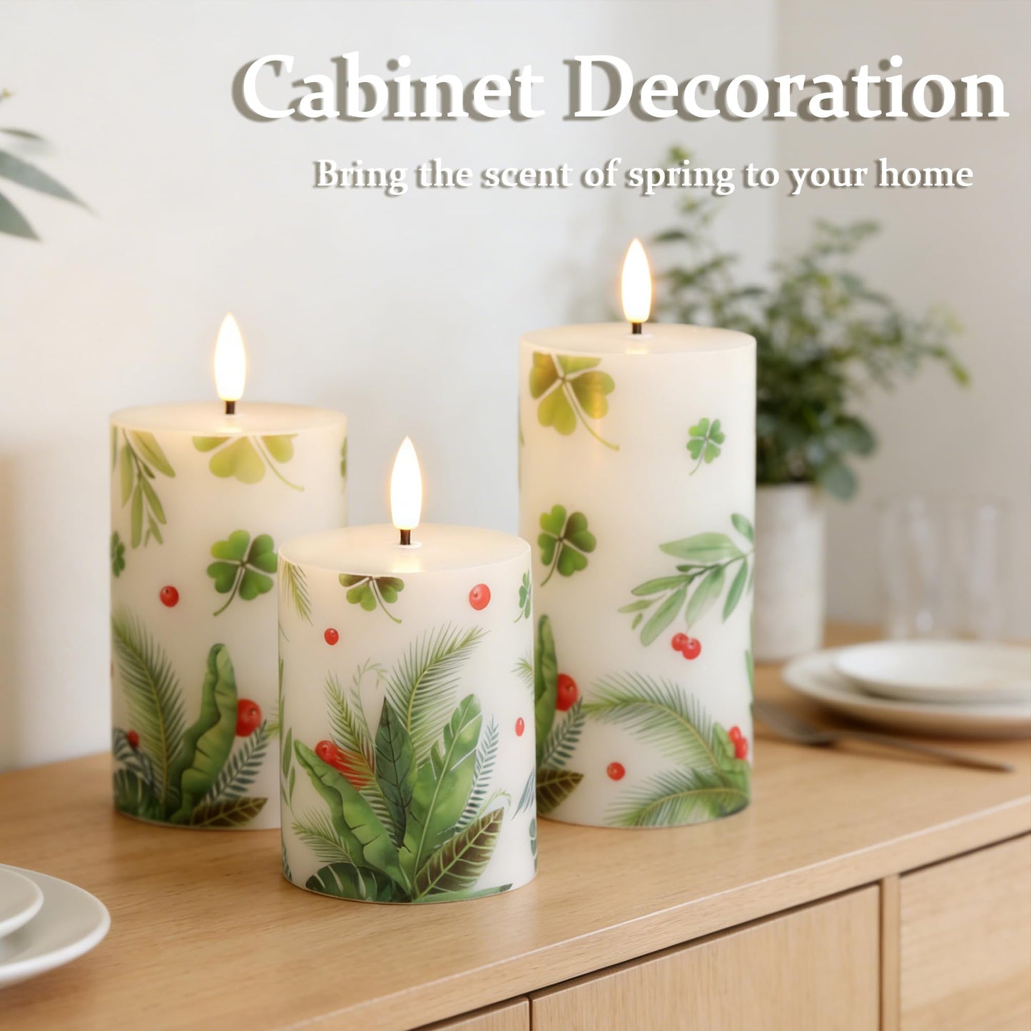 JOIONE Flameless Pillar Candles with Remote, 3 Pack Battery Operated Real Wax Green LED Candles, Perfect for Spring Summer Home Decorations Fireplace Table, Shamrock