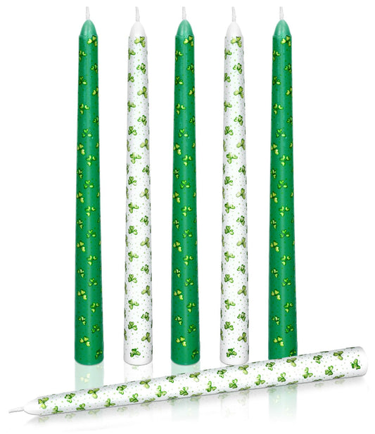 FYSUIMU 12 Pcs St. Patrick's Day Dripless Taper 9.8" Watercolor Green Shamrock Clover Candle Long Unscented Candle Sticks for Irish Wedding Party Favors Gifts Indoor Home Table Decor