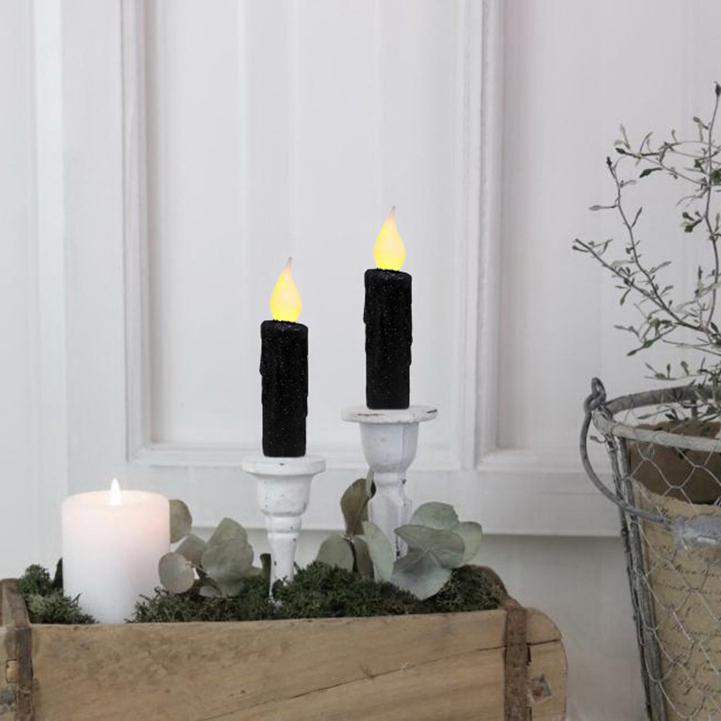 CVHOMEDECO. Glitter Flameless Candles Flickering Battery Operated LED Taper Candles with Timer for Home, Wedding, Halloween, Christmas Decor. Black, 4-3/4 Inch, Set of 3