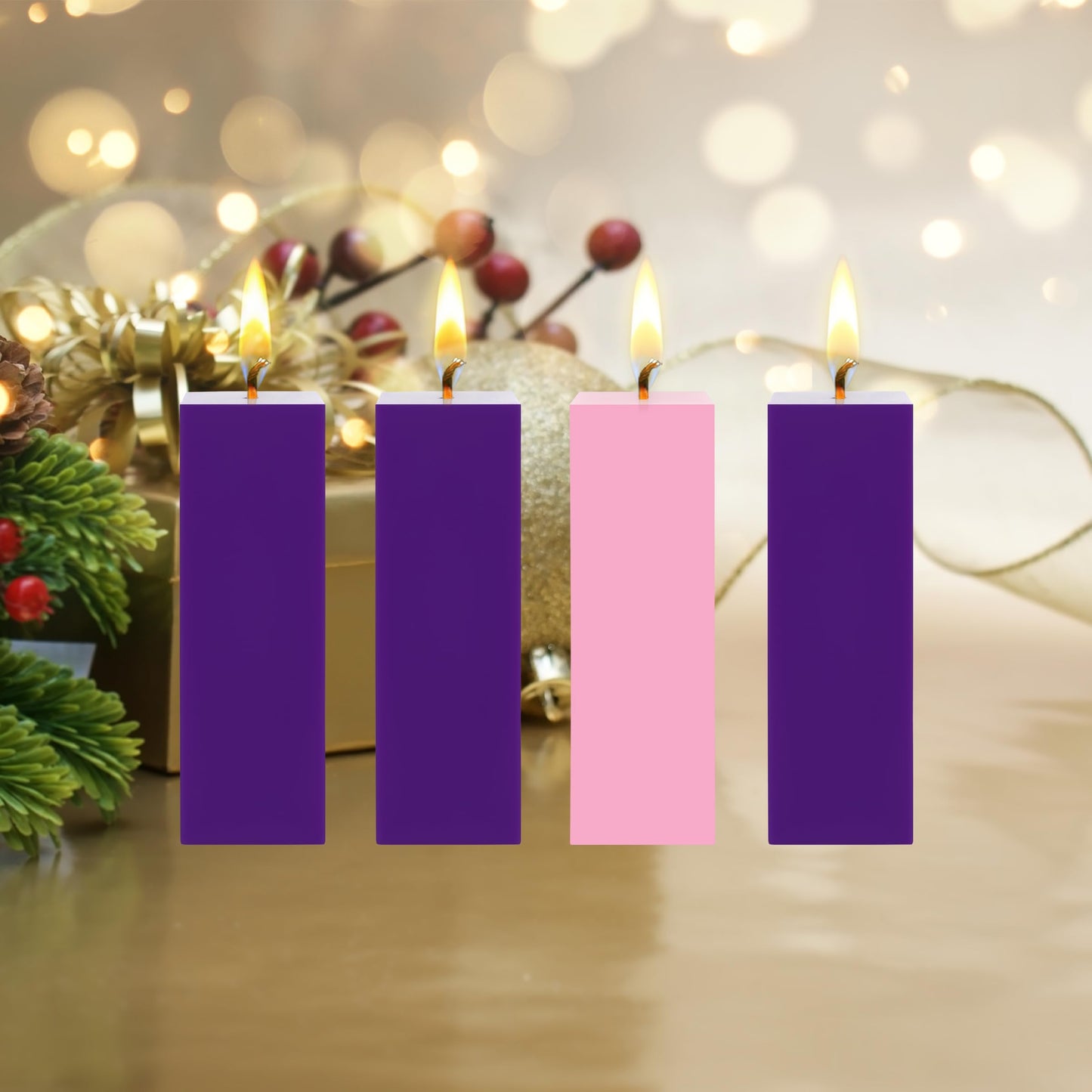 Mega Candles 4 pcs Unscented Christmas Advent Candles Set, Hand Poured Premium Wax Square Pillar Candle 2 Inch x 6 Inch, Holidays, Occasions, Events, Festivitiess, Devotional, Church, Wreath, Gifts