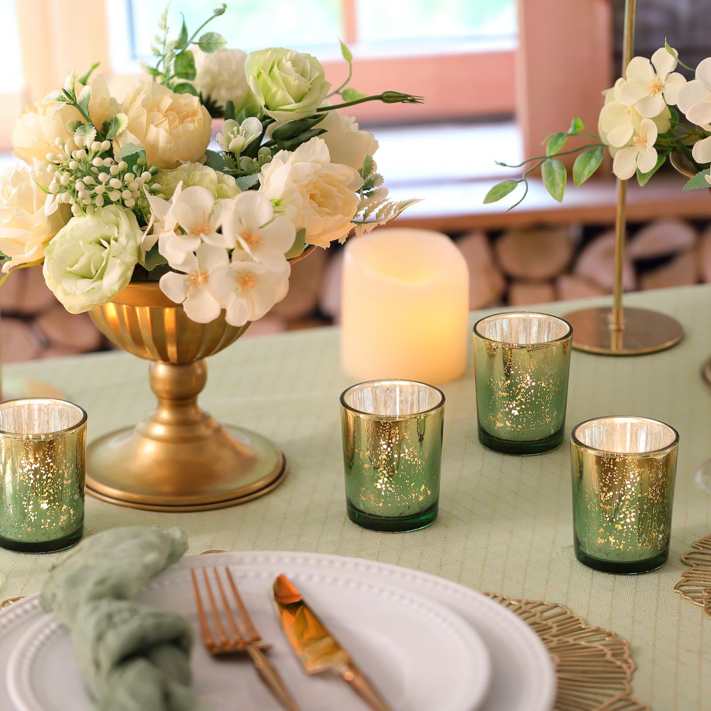 Volens Green Votive Candle Holders Set of 12, Speckles Mercury Glass Tealight Candle Holder Bulk for Table Wedding Centerpiece, Green and Gold Party Decorations & Home Decor