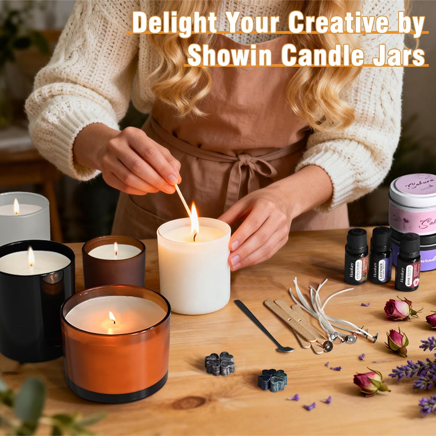 SHOWIN 10 OZ Thick Candle Jars for Making Candles 15 Pcs, Empty Jars with Wood Lids for Candle Making, Sample Container, Frosted Blue