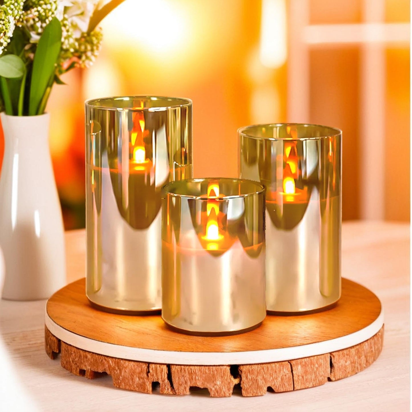 NICEME Radiance Evanescing Flameless Candles with Remote, 3 Pack Glass Battery Operated Candles with Timer, Real Wax Glass LED Candles Flickering Wedding Home Party Christmas D3 x H4 5" 6" Gold
