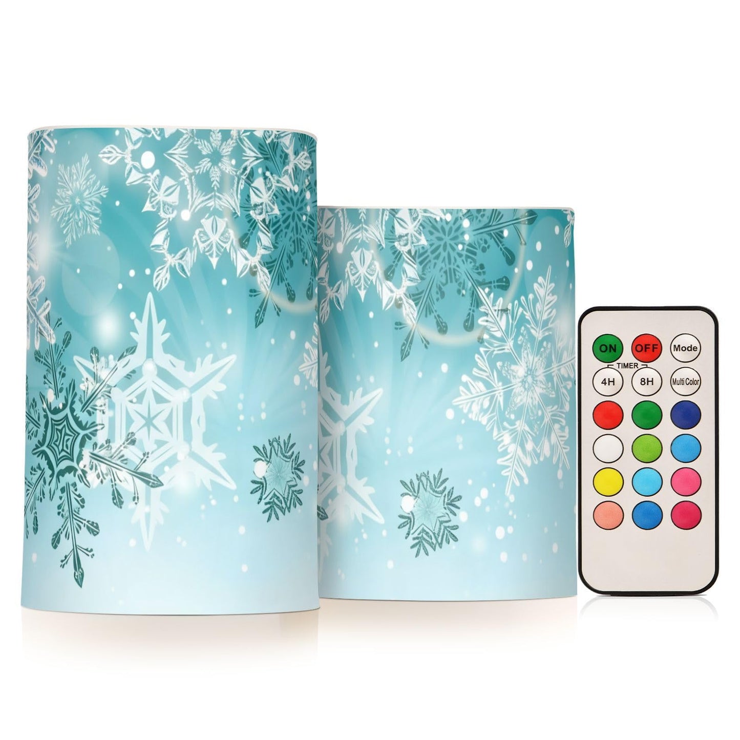 Christmas Lights Decorations Flameless Candles Silver Winter Teal Turquoise Snowflakes Christmas Pillar Candles Set of 2 Battery Operated Remote Control Warm Lights