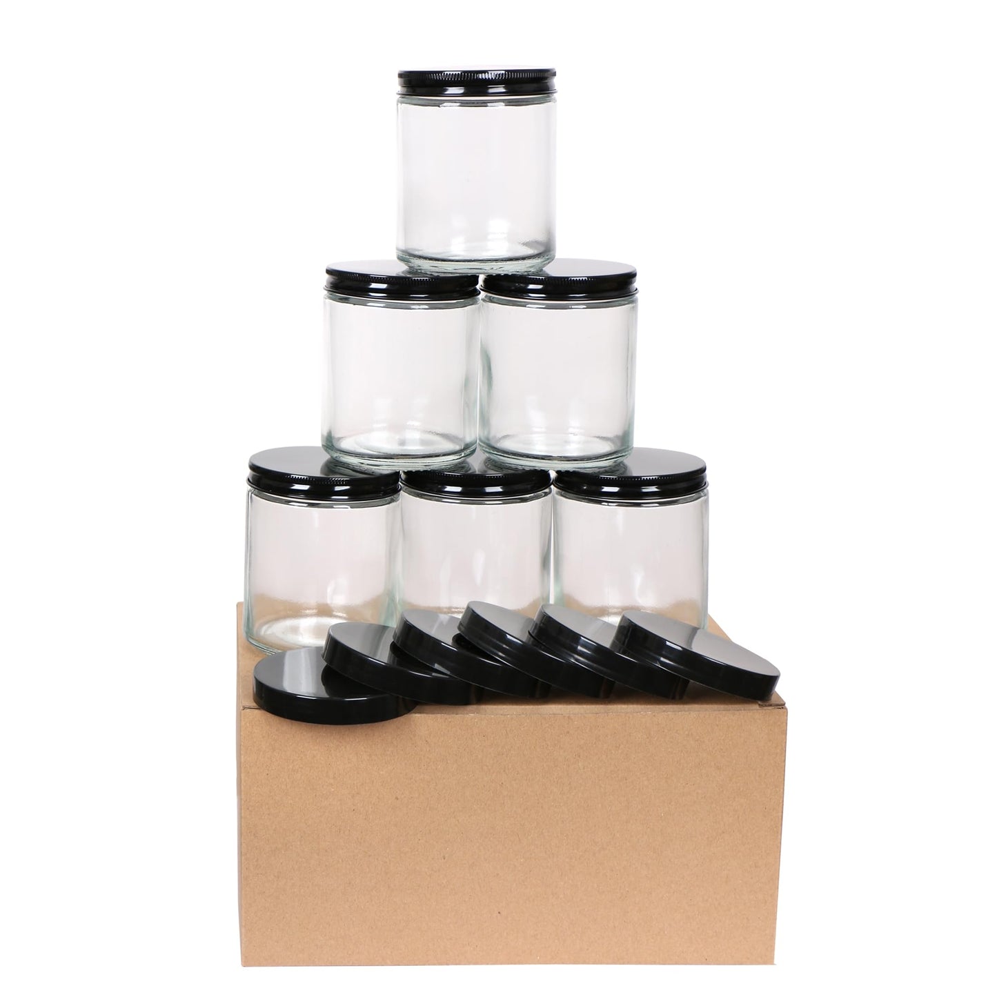KIGITIK 6 pack 8oz Glass Jars and Plastic & Metal Lids, Refillable Thick Glass Jars For Candle, Storage, Spice, Liquid, Powder. (8oz Clear)