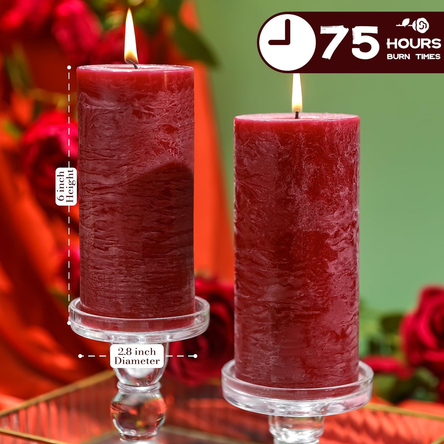 Romantic Rose Scented Pillar Candle - 2.8x6 Inch, 75-Hour Burn, Textured Red Rose Scented Candle for Women, Natural Aromatherapy Candle for Home, Gifts for Women, Valentine's & Romantic Decor