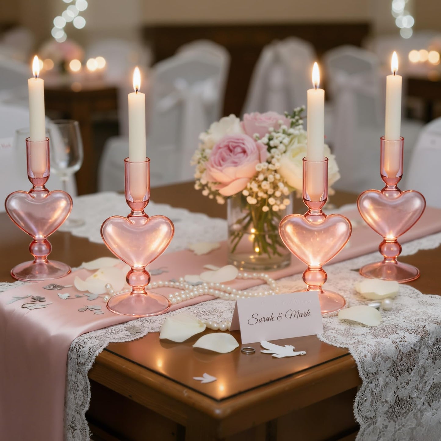 Teecyhooo 4pcs Valentine's Day Candle Holder 7" Heart Glass Taper Candlestick Holder Valentines Heart Candle Stick Vase Decor for Wedding Party Table Centerpiece(Pink)