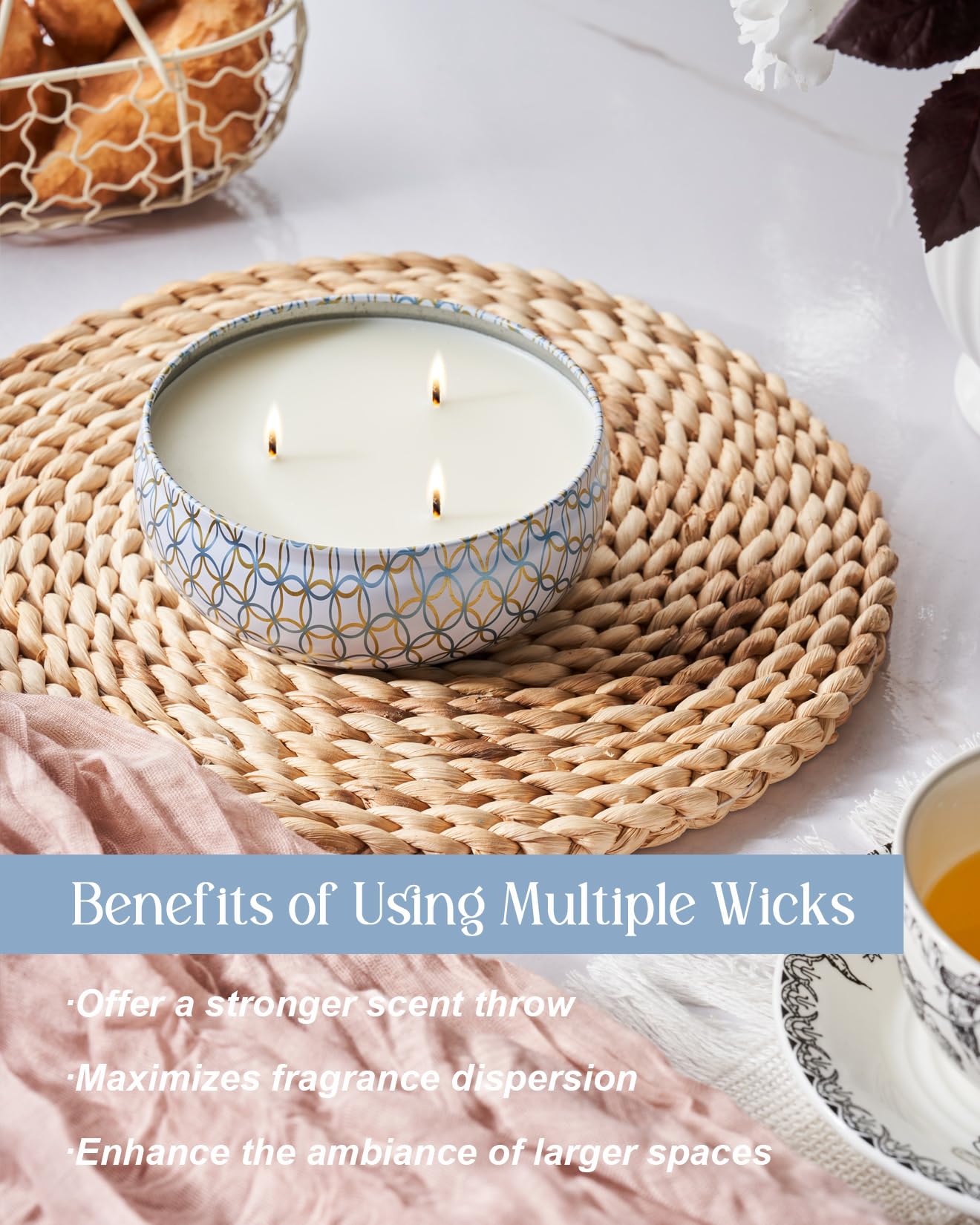 M&SENSE Coconut Beach Scented Candles 12 oz, Large 3 Wick Soy Tin Candle, Over 40 Hour Burning Time, 100% Natural Vegan Wax, Relaxing Aromatherapy Aesthetic Candle Gift for Women Men