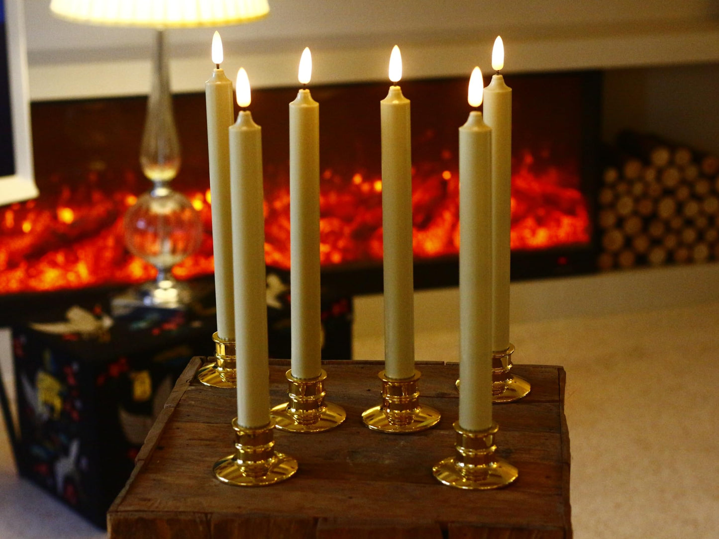 6 Pack Windows Candles with 12 AA Batteries(Include, Run More Than 400 Hours) + 6 Golden Removable Candlesticks + 6 Suction Cups, 10'' Flameless Battery Ivory Taper Window Candle with Remote/Timer