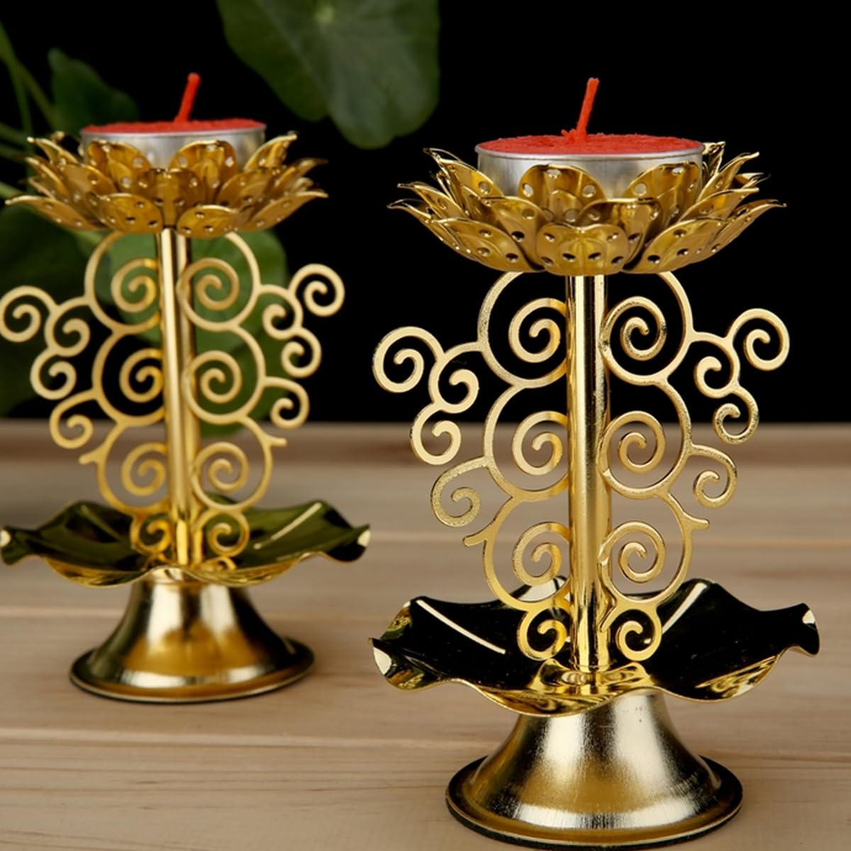 HOMSFOU 2 Pcs Alloy Candle Holder - Creative Lotus Carving Candlestick Lantern with Stereoscopic Petal Design, Ideal for Home Decorations, Temples, Offices, Living Rooms