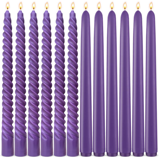 Royal Purple Taper Candles 6 Pack and Spiral Candles 6 Pack Set, 10 Inch Elegant Dripless Unscented Candlesticks for Weddings, Dinners, Parties and Home Decor