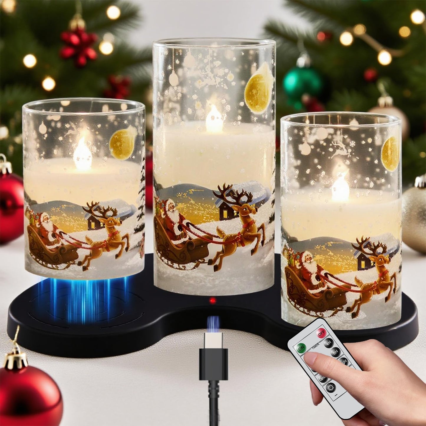 DRomance Santa Glass Flameless Candles Rechargeable Battery Operated with Remote and Timer Real Wax LED Flickering Pillar Candles White Cold Light Window Christmas Holiday Decor D3 x 4",5",6"